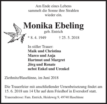 Traueranzeige von Monika Ebeling (geb. Entrich)  von Magdeburger Volksstimme