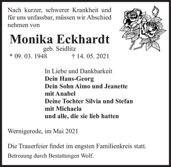 Traueranzeige von Monika Eckhardt (geb. Seidlitz)  von Magdeburger Volksstimme