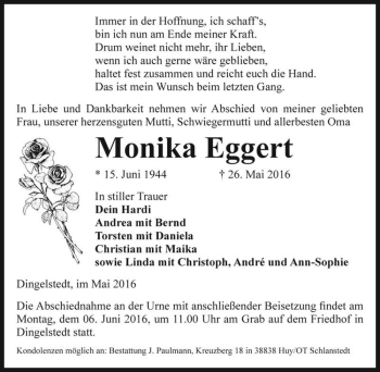 Traueranzeige von Monika Eggert  von Magdeburger Volksstimme