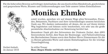 Traueranzeige von Monika Ehmke  von Magdeburger Volksstimme