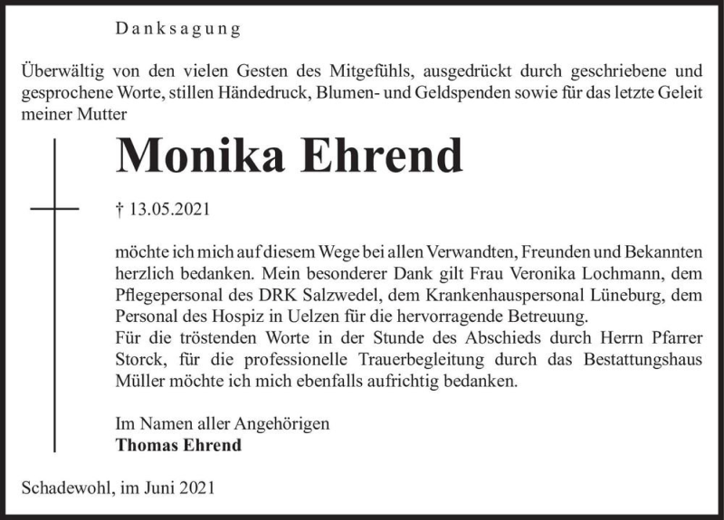  Traueranzeige für Monika Ehrend  vom 23.06.2021 aus Magdeburger Volksstimme