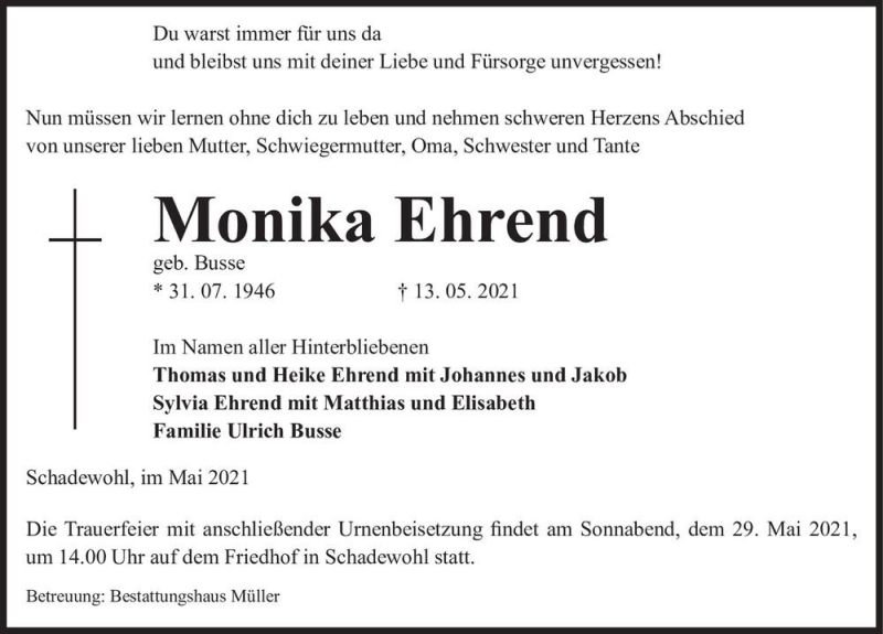  Traueranzeige für Monika Ehrend (geb. Busse)  vom 18.05.2021 aus Magdeburger Volksstimme