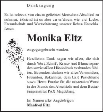 Traueranzeige von Monika Eltz  von Magdeburger Volksstimme
