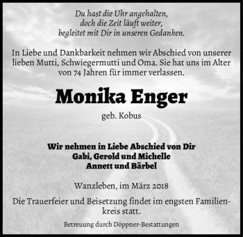 Traueranzeige von Monika Enger (geb. Kobus)  von Magdeburger Volksstimme