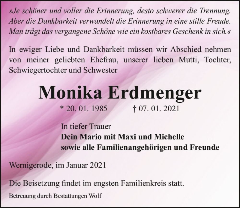  Traueranzeige für Monika Erdmenger  vom 16.01.2021 aus Magdeburger Volksstimme