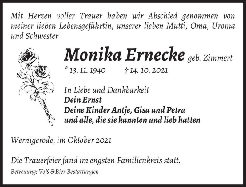  Traueranzeige für Monika Ernecke (geb. Zimmert)  vom 13.11.2021 aus Magdeburger Volksstimme