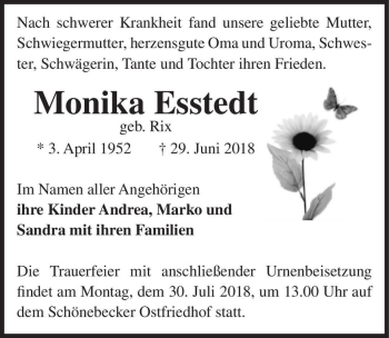 Traueranzeige von Monika Esstedt (geb. Rix)  von Magdeburger Volksstimme