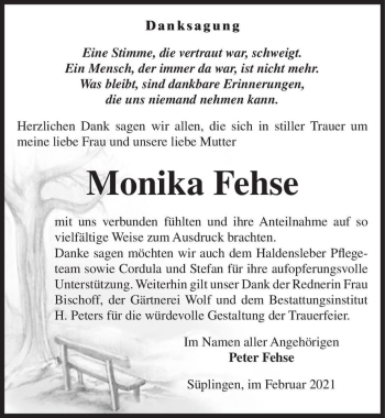 Traueranzeige von Monika Fehse  von Magdeburger Volksstimme
