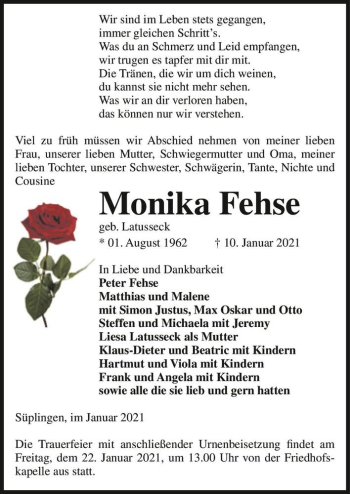 Traueranzeige von Monika Fehse (geb. Latusseck)  von Magdeburger Volksstimme