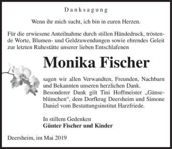 Traueranzeige von Monika Fischer  von Magdeburger Volksstimme