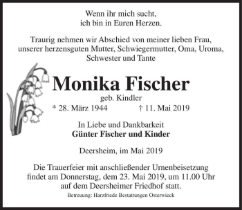 Traueranzeige von Monika Fischer (geb. Kindler)  von Magdeburger Volksstimme