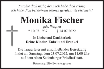 Traueranzeige von Monika Fischer (geb. Wagner)  von Magdeburger Volksstimme