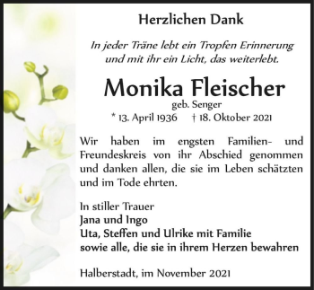 Traueranzeige von Monika Fleischer (geb. Senger)  von Magdeburger Volksstimme