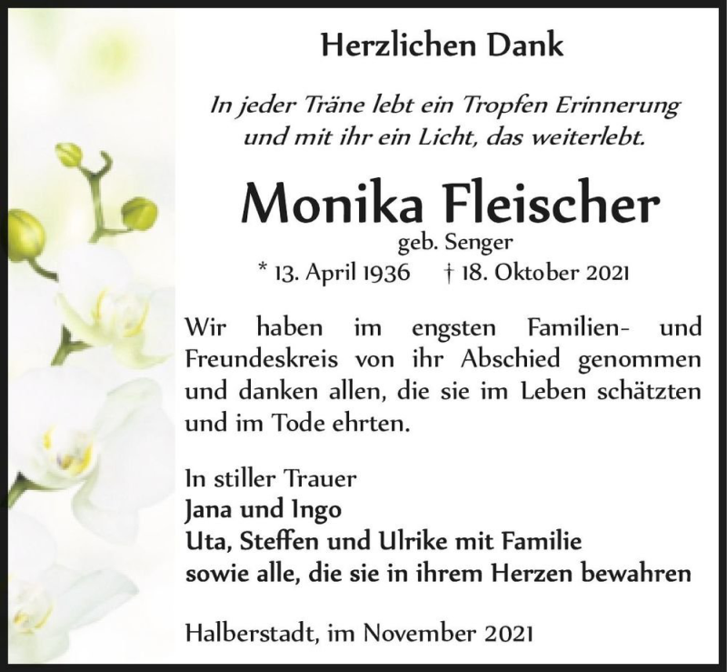  Traueranzeige für Monika Fleischer (geb. Senger)  vom 06.11.2021 aus Magdeburger Volksstimme