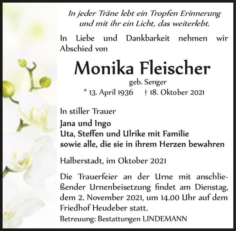  Traueranzeige für Monika Fleischer (geb. Senger)  vom 30.10.2021 aus Magdeburger Volksstimme