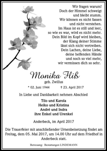 Traueranzeige von Monika Fliß (geb. Zwillus)  von Magdeburger Volksstimme