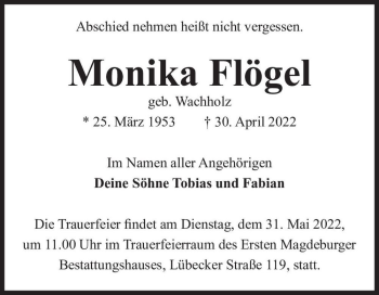 Traueranzeige von Monika Flögel (geb. Wachholz)  von Magdeburger Volksstimme