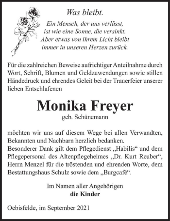 Traueranzeige von Monika Freyer (geb. Schünemann)  von Magdeburger Volksstimme