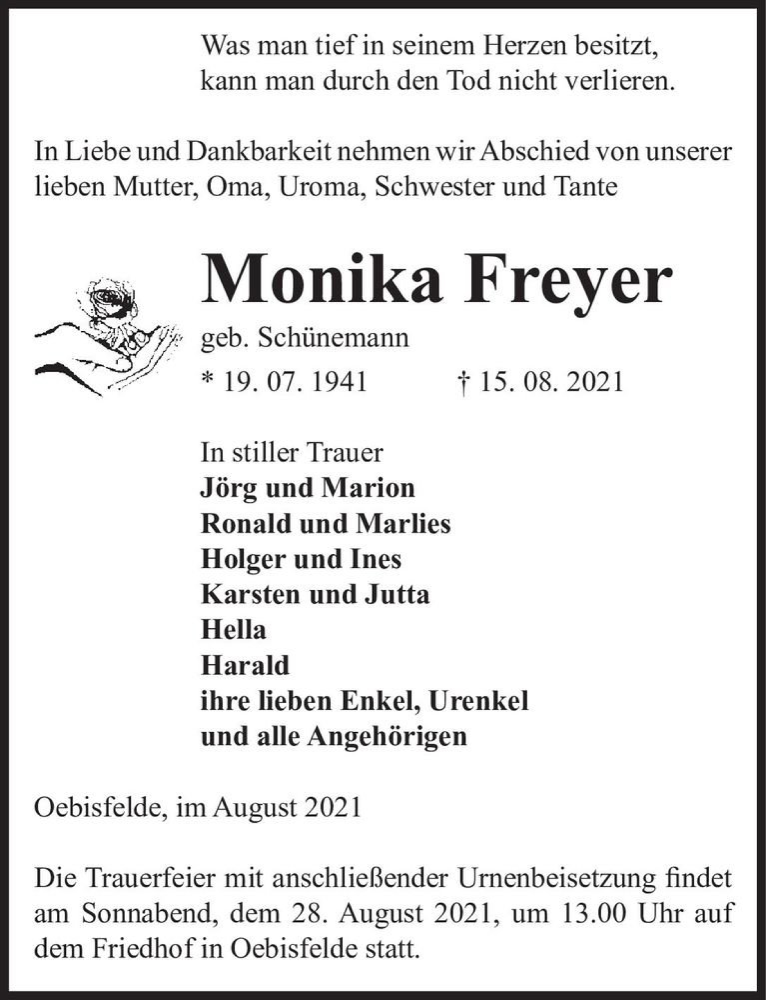  Traueranzeige für Monika Freyer (geb. Schünemann)  vom 24.08.2021 aus Magdeburger Volksstimme