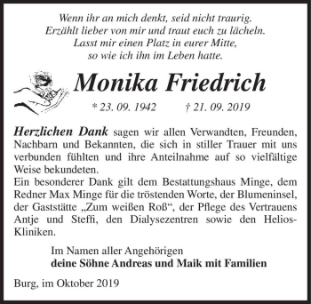 Traueranzeige von Monika Friedrich  von Magdeburger Volksstimme