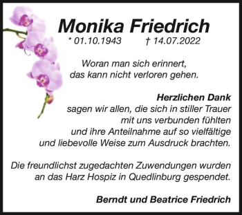 Traueranzeige von Monika Friedrich  von Magdeburger Volksstimme
