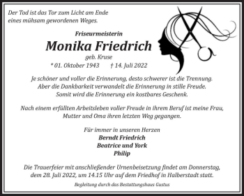Traueranzeige von Monika Friedrich (geb. Kruse)  von Magdeburger Volksstimme