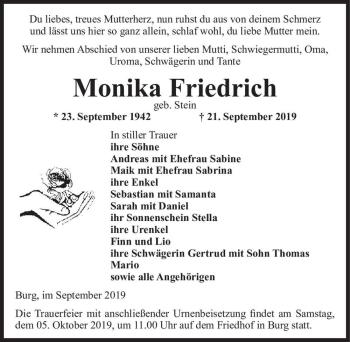 Traueranzeige von Monika Friedrich (geb. Stein)  von Magdeburger Volksstimme