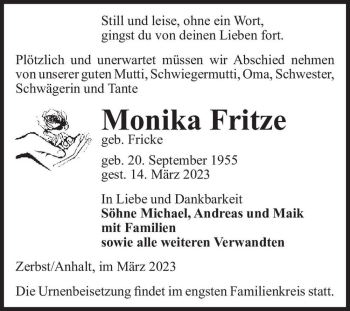 Traueranzeige von Monika Fritze (geb. Fricke)  von Magdeburger Volksstimme