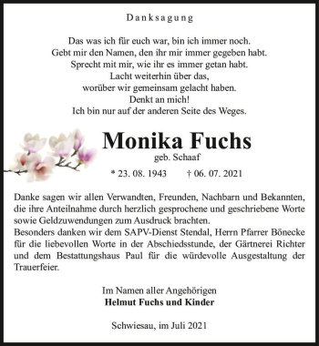 Traueranzeige von Monika Fuchs (geb. Schaaf)  von Magdeburger Volksstimme