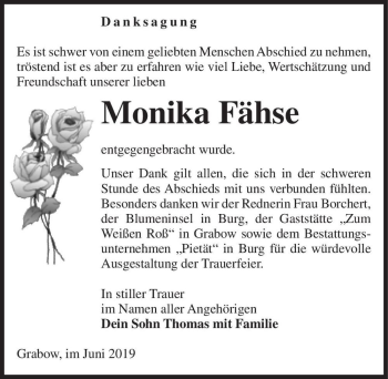 Traueranzeige von Monika Fähse  von Magdeburger Volksstimme