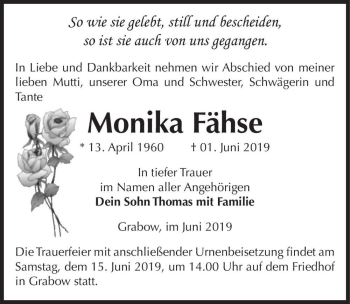 Traueranzeige von Monika Fähse  von Magdeburger Volksstimme