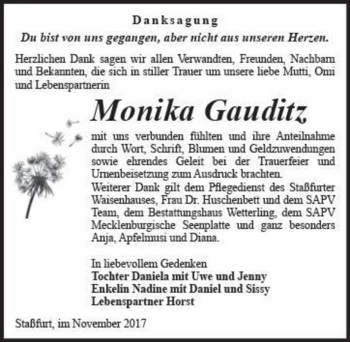 Traueranzeige von Monika Gauditz  von Magdeburger Volksstimme