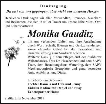 Traueranzeige von Monika Gauditz  von Magdeburger Volksstimme
