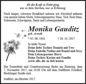 Traueranzeige von Monika Gauditz (geb. Arendt)  von Magdeburger Volksstimme