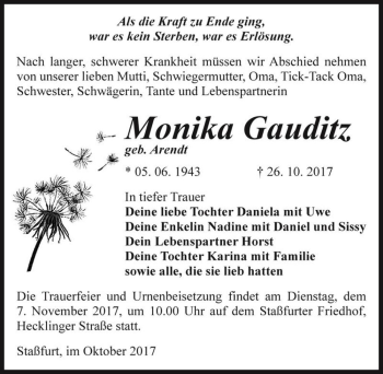 Traueranzeige von Monika Gauditz (geb. Arendt)  von Magdeburger Volksstimme