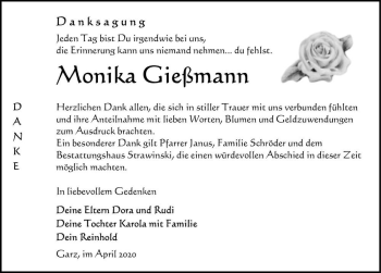 Traueranzeige von Monika Gießmann  von Magdeburger Volksstimme