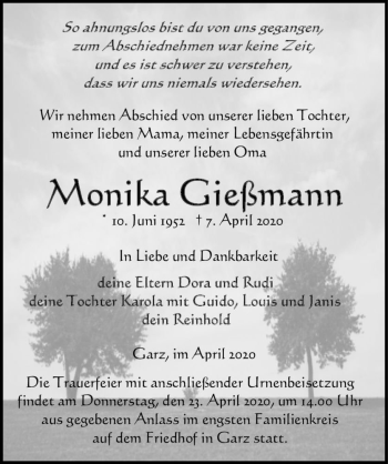 Traueranzeige von Monika Gießmann  von Magdeburger Volksstimme