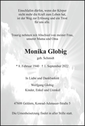 Traueranzeige von Monika Globig (geb. Schmidt)  von Magdeburger Volksstimme