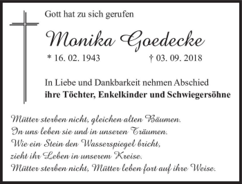Traueranzeige von Monika Goedecke  von Magdeburger Volksstimme