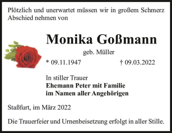 Traueranzeige von Monika Goßmann (geb. Müller)  von Magdeburger Volksstimme