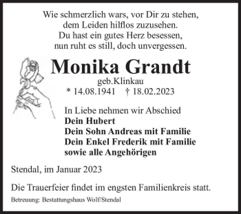 Traueranzeige von Monika Grandt (geb. Klinkau)  von Magdeburger Volksstimme
