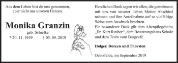 Traueranzeige von Monika Granzin (geb. Schielke)  von Magdeburger Volksstimme