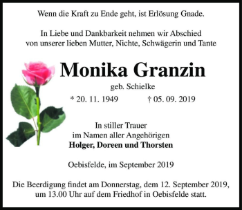 Traueranzeige von Monika Granzin (geb. Schielke)  von Magdeburger Volksstimme