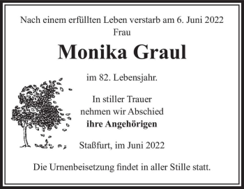 Traueranzeige von Monika Graul  von Magdeburger Volksstimme