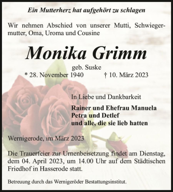 Traueranzeige von Monika Grimm (geb. Suske)  von Magdeburger Volksstimme
