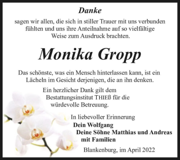 Traueranzeige von Monika Gropp  von Magdeburger Volksstimme