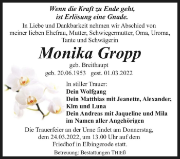 Traueranzeige von Monika Gropp (geb. Breithaupt)  von Magdeburger Volksstimme