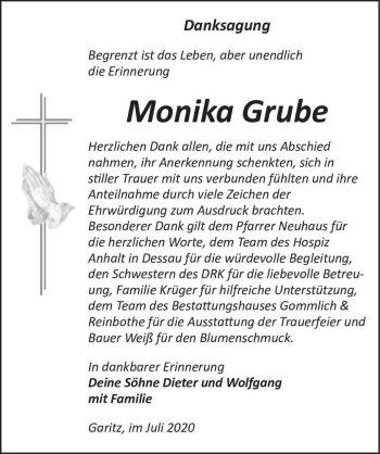 Traueranzeige von Monika Grube  von Magdeburger Volksstimme