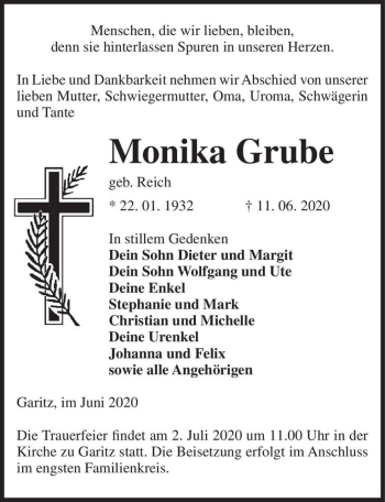 Traueranzeige von Monika Grube (geb. Reich)  von Magdeburger Volksstimme