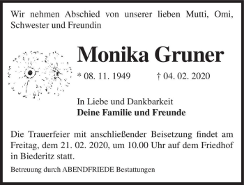 Traueranzeige von Monika Gruner  von Magdeburger Volksstimme